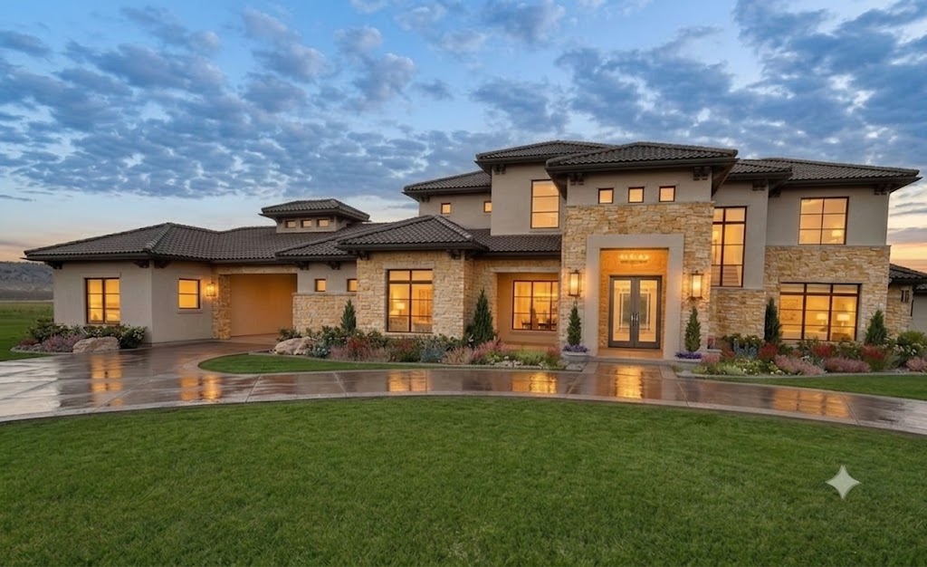 Rendering of a John Askew Custom Home model at dusk with interior lights glowing